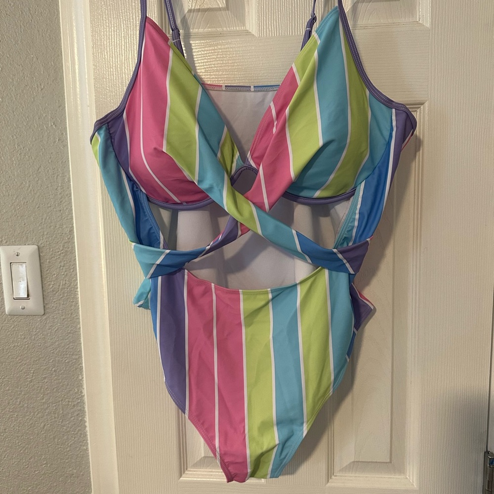 SHEIN CURVE Neon Striped Underwire One Piece NWOT Swimsuit